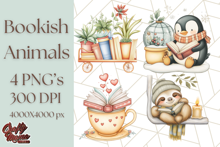Bookish Animals PNG Clipart with Cozy Reading Elements example image 1