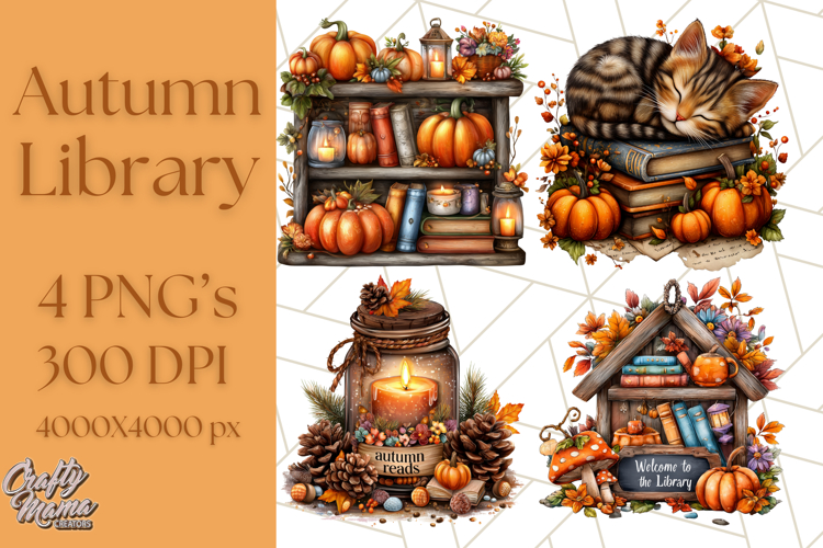 Autumn Library Clipart PNG, Cozy Fall Book Art