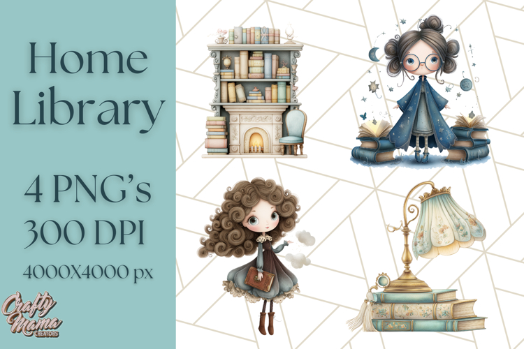 Whimsical Library Clipart with Cozy Readers and Books