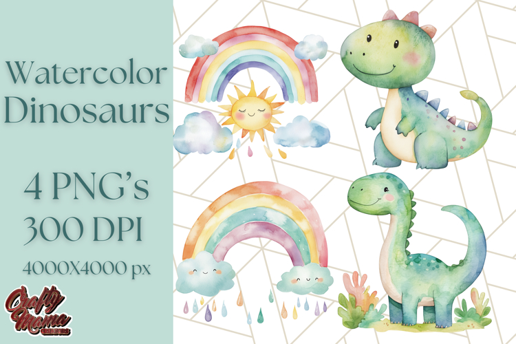 Watercolor Dinosaur and Rainbow PNG Clipart, Baby Nursery