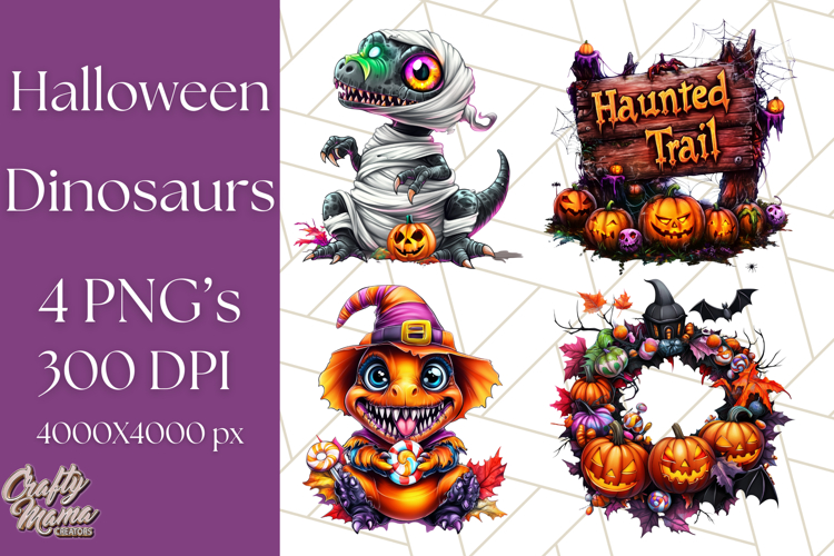 Bright Halloween Dinosaur PNG Clipart with Holiday Elements