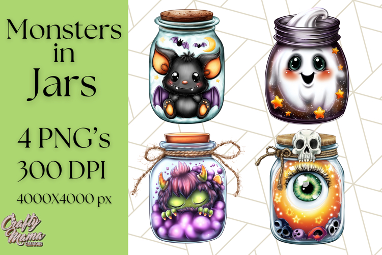 Halloween Monster Clipart PNG, Monsters in Jars, Spooky Png example image 1