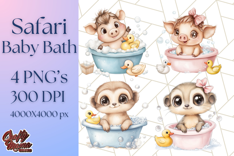 Safari Animal Babies in Bubble Baths, Cute Jungle Animal PNG