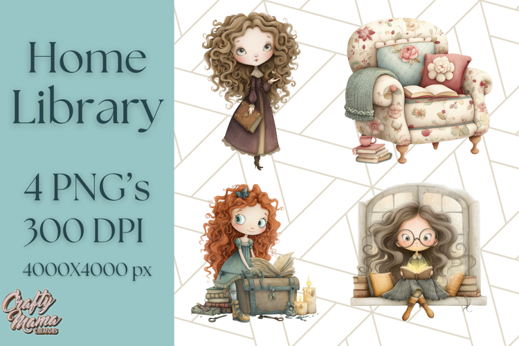 Whimsical Library Clipart with Cozy Readers and Books