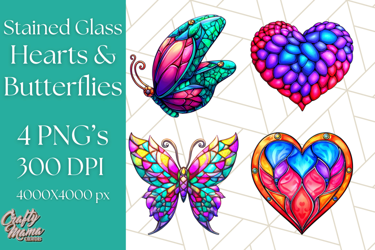 Stained Glass Hearts and Butterflies Clipart PNG