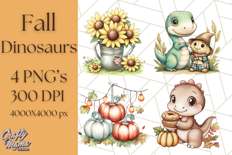Fall Dinosaur PNG Clipart with Autumn Elements, Cute Dino
