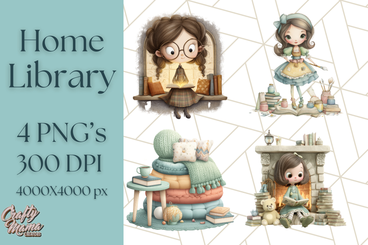 Whimsical Library Clipart with Cozy Readers and Books