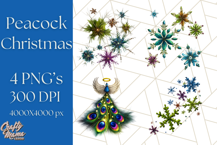 Peacock Christmas Clipart in Jewel Tones, Christmas Png
