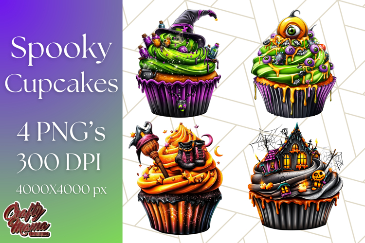 Halloween Cupcake PNG Clipart with Witch Hats and Ghosts