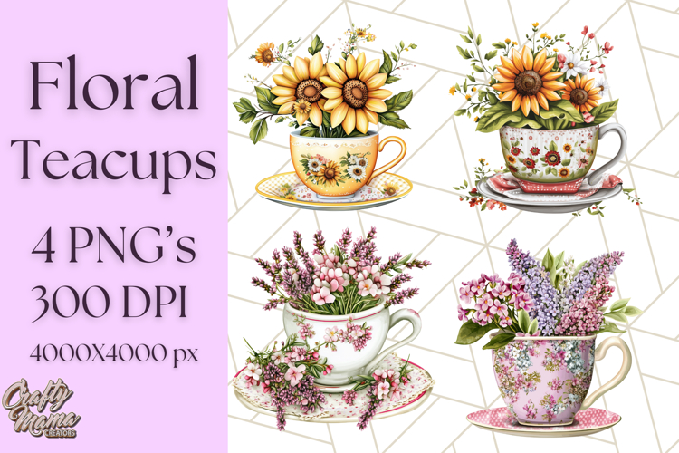 Vintage Floral Teacup Clipart PNG, Blooming Teacups Clip Art