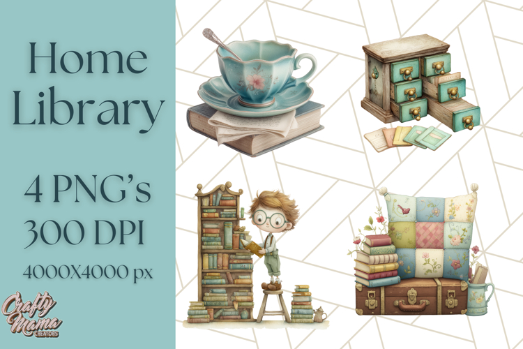 Whimsical Library Clipart with Cozy Readers and Books