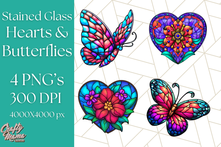 Stained Glass Hearts and Butterflies Clipart PNG