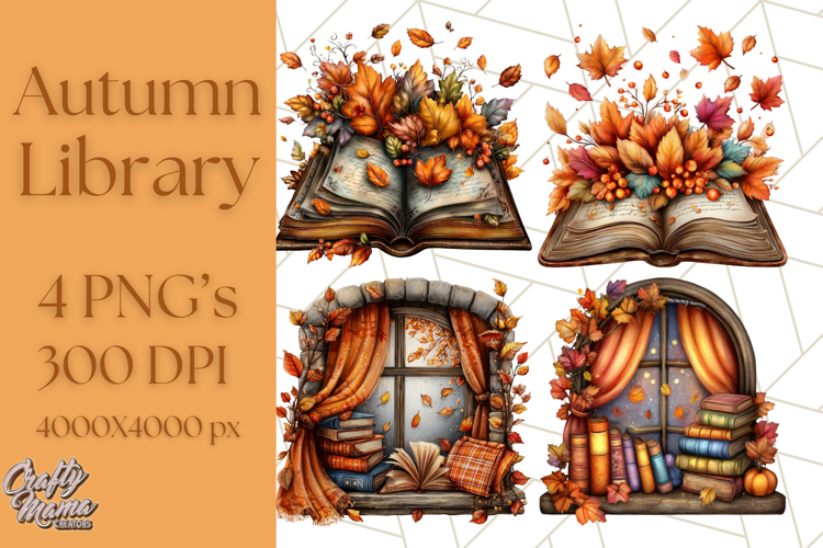 Autumn Library Clipart PNG, Cozy Fall Book Art