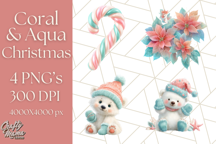 Coral and Aqua Christmas Clipart PNG, Pastel Holiday Art
