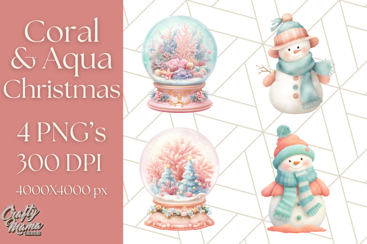 Coral and Aqua Christmas Clipart PNG, Pastel Holiday Art