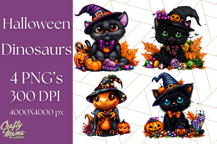Bright Halloween Dinosaur PNG Clipart with Holiday Elements