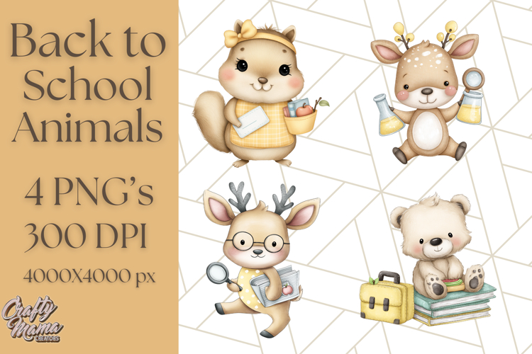 Cute Back to School Animals PNG Clipart with Books   Bags