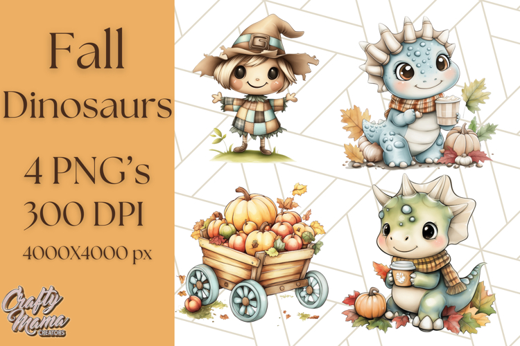 Fall Dinosaur PNG Clipart with Autumn Elements, Cute Dino