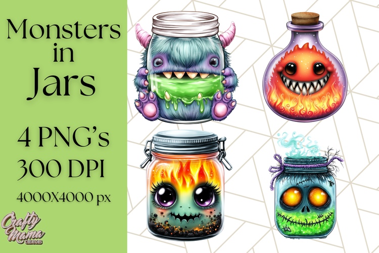 Halloween Monster Clipart PNG, Monsters in Jars, Spooky Png example image 1
