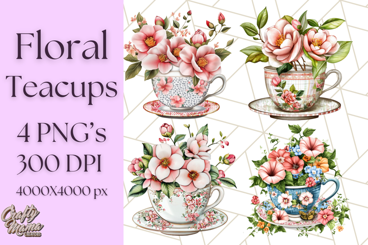 Vintage Floral Teacup Clipart PNG, Blooming Teacups Clip Art