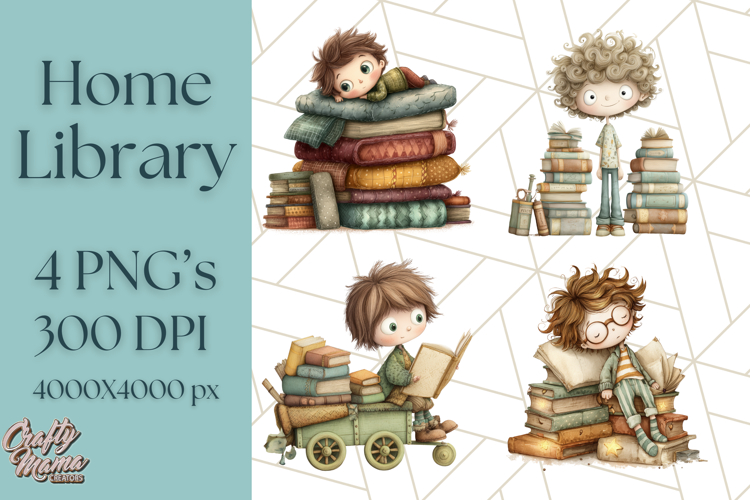 Whimsical Library Clipart with Cozy Readers and Books