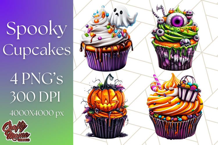 Halloween Cupcake PNG Clipart with Witch Hats and Ghosts