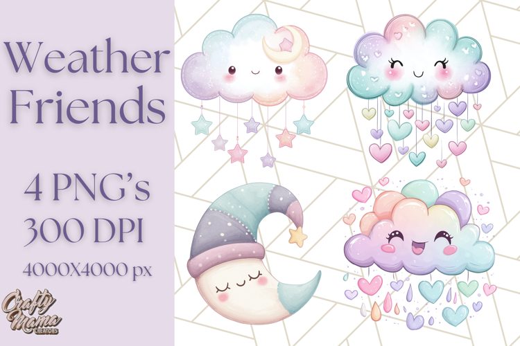 Kawaii Weather Clipart PNG, Cute Pastel Weather Icons