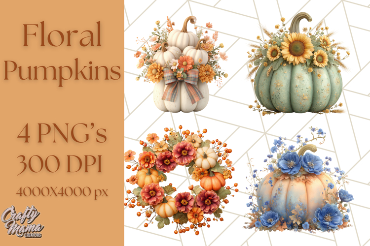 Pumpkin Clipart with Fall Flowers PNG Autumn Illustration