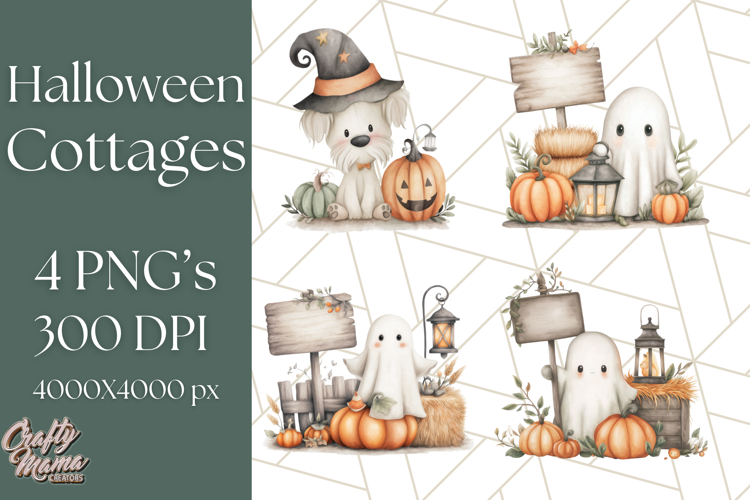 Watercolor Halloween Cottage Clipart, Ghosts   Pumpkins Png