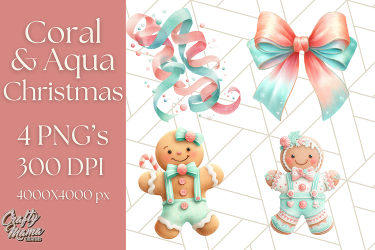 Coral and Aqua Christmas Clipart PNG, Pastel Holiday Art
