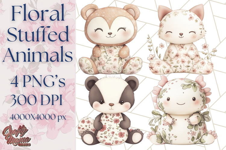 Pink Floral Stuffed Animal Clipart PNG, Cute Stuffed Animals