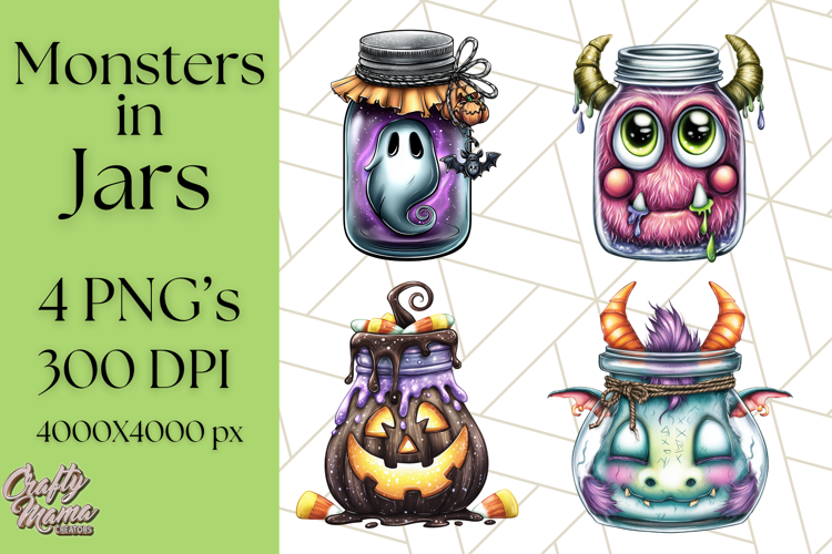 Halloween Monster Clipart PNG, Monsters in Jars, Spooky Png example image 1