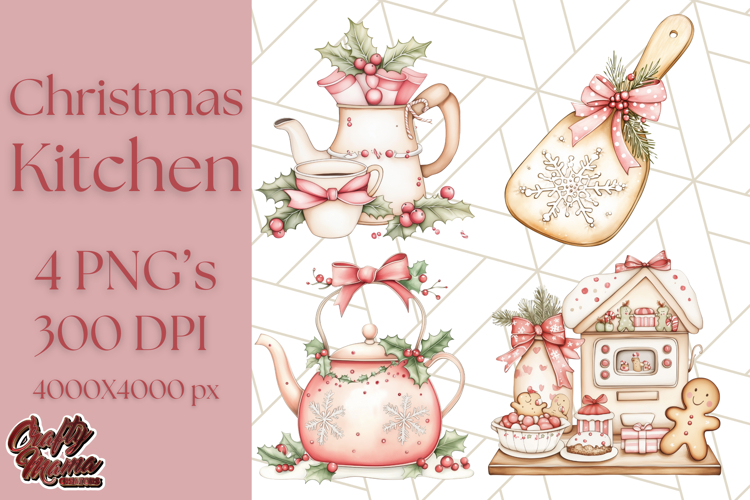 Christmas Cottagecore Kitchen Clipart PNG, Holiday Decor