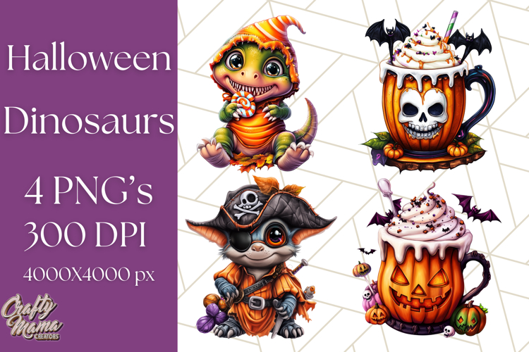 Bright Halloween Dinosaur PNG Clipart with Holiday Elements