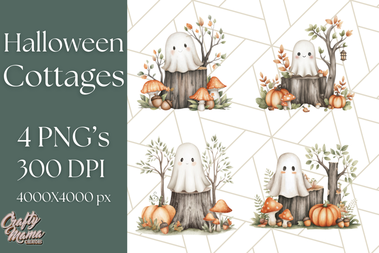 Watercolor Halloween Cottage Clipart, Ghosts   Pumpkins Png