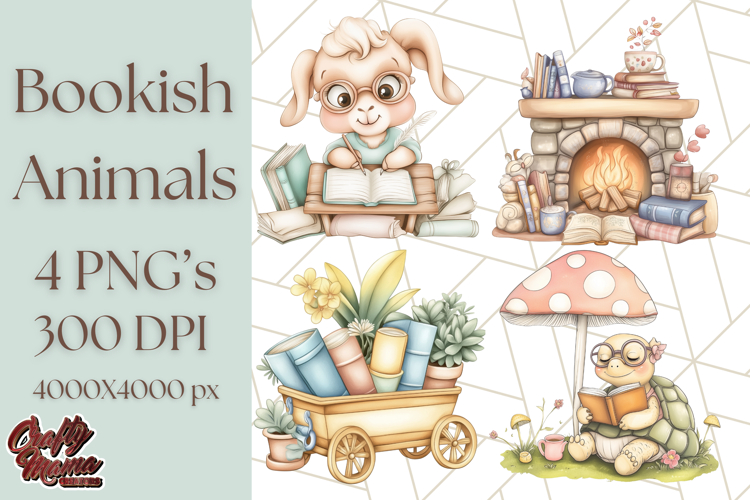 Bookish Animals PNG Clipart with Cozy Reading Elements