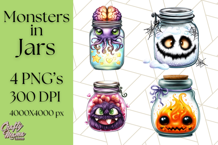 Halloween Monster Clipart PNG, Monsters in Jars, Spooky Png example image 1