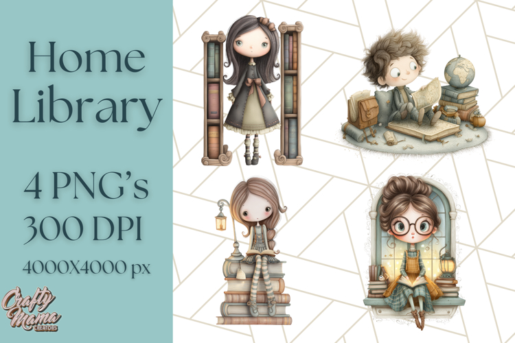 Whimsical Library Clipart with Cozy Readers and Books