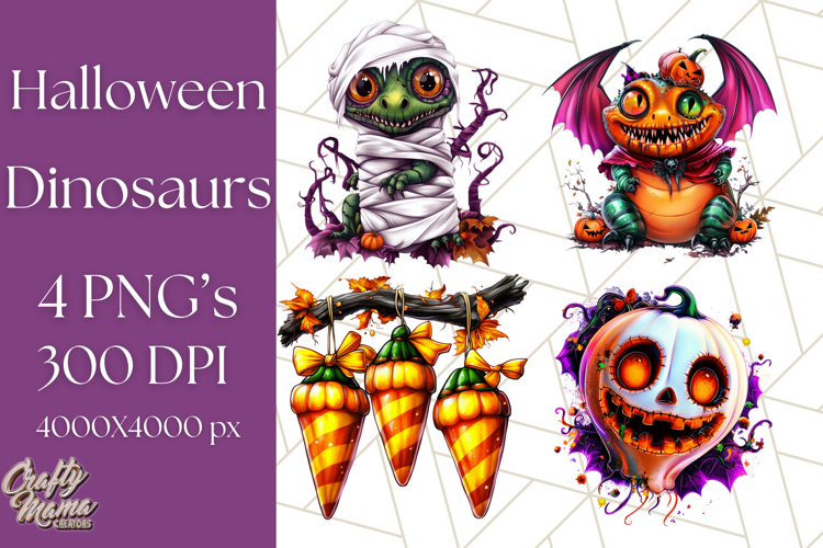Bright Halloween Dinosaur PNG Clipart with Holiday Elements