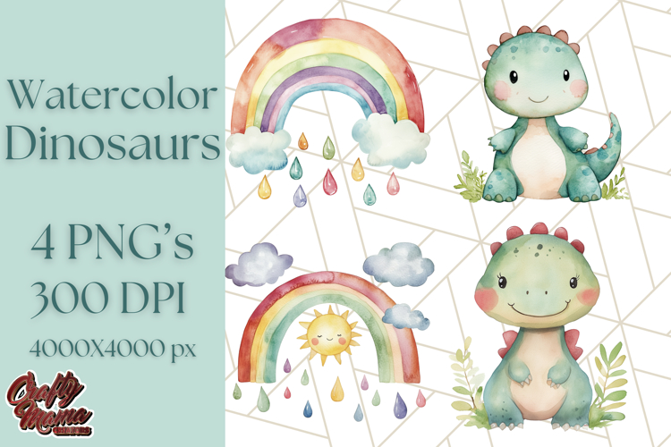 Watercolor Dinosaur and Rainbow PNG Clipart, Baby Nursery