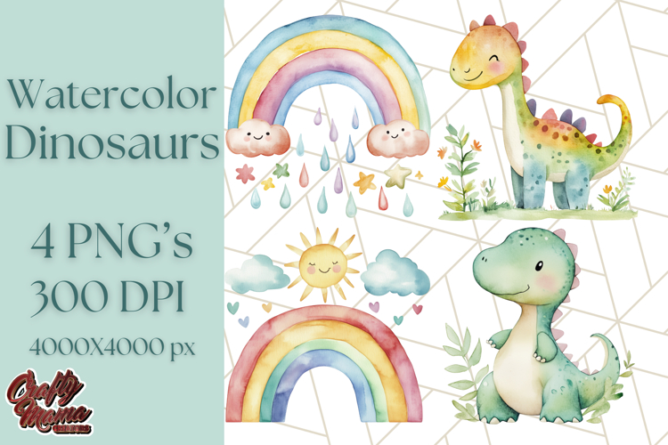 Watercolor Dinosaur and Rainbow PNG Clipart, Baby Nursery