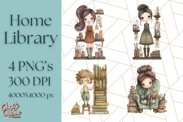 Whimsical Library Clipart with Cozy Readers and Books