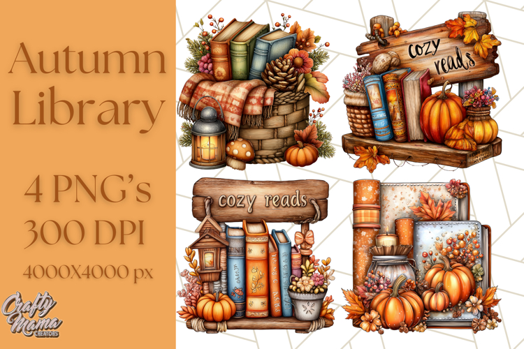 Autumn Library Clipart PNG, Cozy Fall Book Art