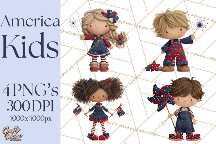 Patriotic Kids Clipart for 4th of July, USA Children PNG