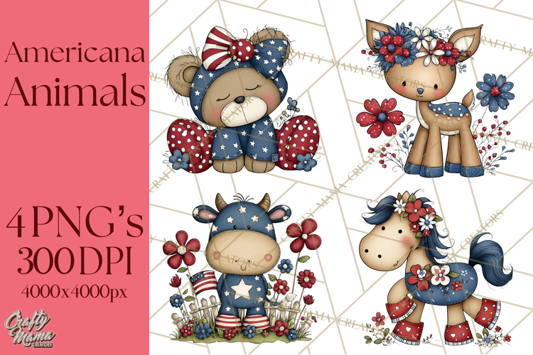 Patriotic Animals Clipart, Whimsical Red White Blue American