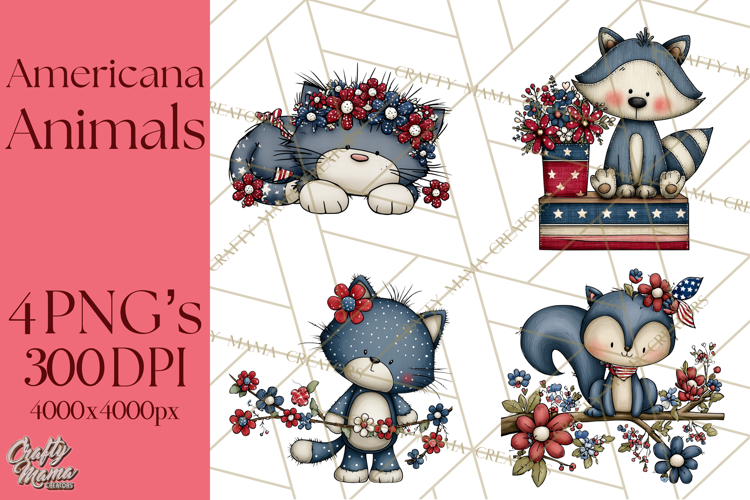 Patriotic Animals Clipart, Whimsical Red White Blue American