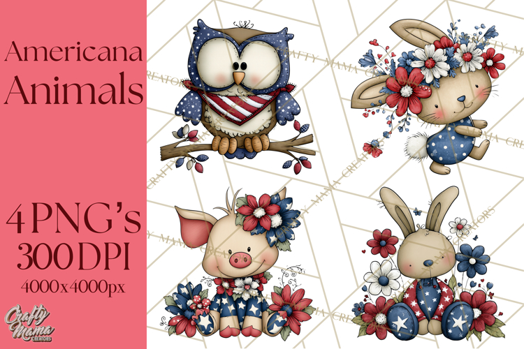 Patriotic Animals Clipart, Whimsical Red White Blue American