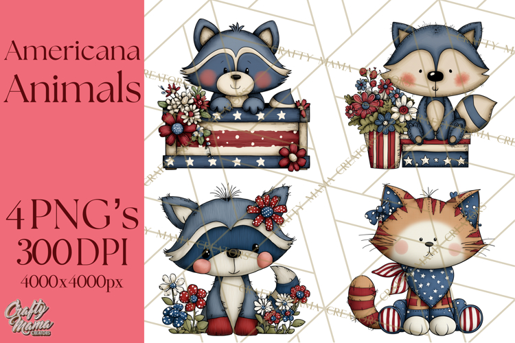 Patriotic Animals Clipart, Whimsical Red White Blue American