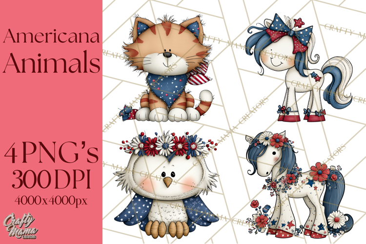 Patriotic Animals Clipart, Whimsical Red White Blue American