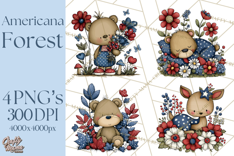 Patriotic Forest Animals Clipart, Whimsical Red White Blue